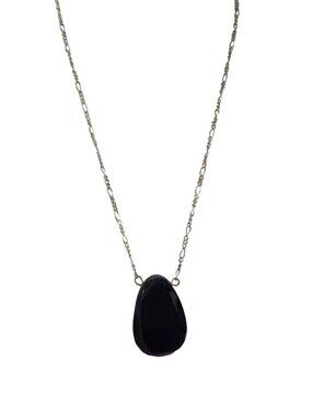 Vtg Black Glass Faceted Crystal Necklace Silver Tone Teardrop Pendant Adj 18"